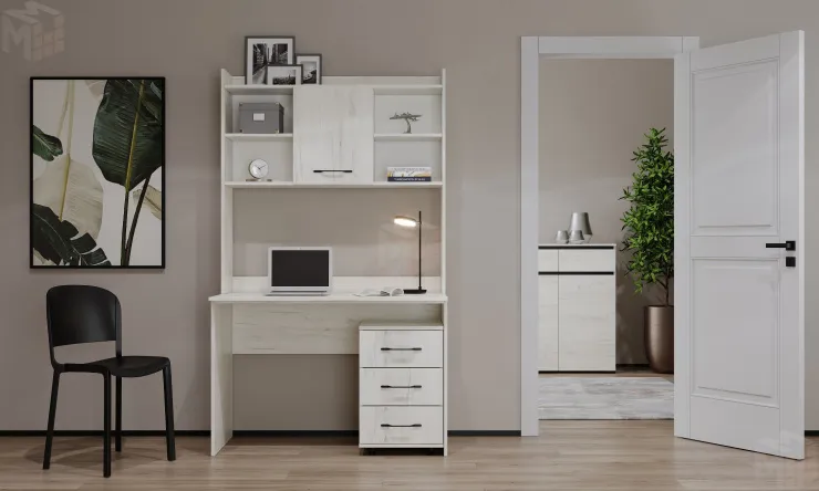 Компьютерный стол ПКС-9 с надстройкой и выкатной тумбой Дуб Крафт белый