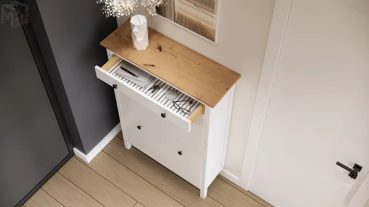 Тумба для обуви из массива Кымор 89 с ящиком, белый/светло-коричневый