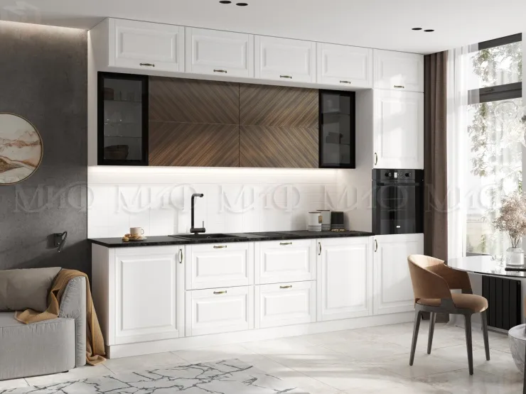 Кухня Престиж 3,0 компоновка №2 (Белый/Браш вайт/Прайм орех)