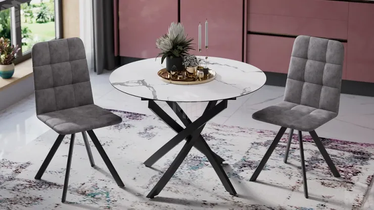 Стол обеденный раздвижной Бергамо Тип 1 Черный муар, Стекло матовое белый мрамор