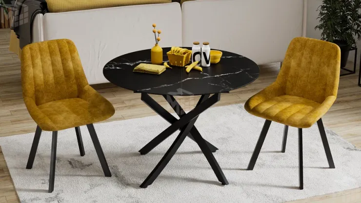 Стол обеденный раздвижной Бергамо Тип 1  Черный муар, Стекло матовое черный мрамор