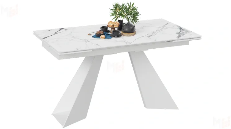 Стол обеденный Гермес Белый муар, Стекло глянцевое белый мрамор
