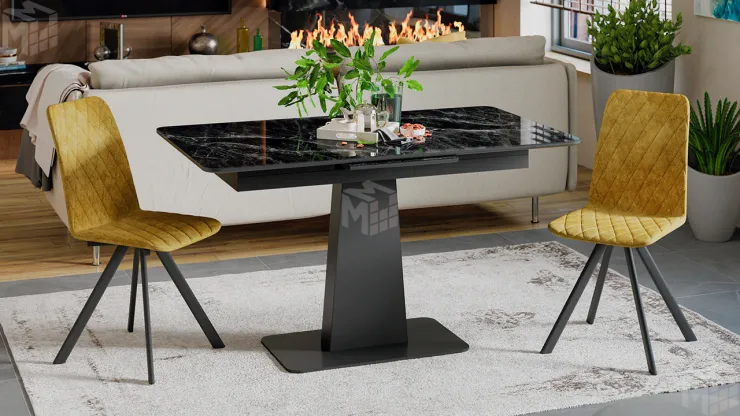 Стол обеденный Бридж Черный муар, Стекло глянцевое черный мрамор