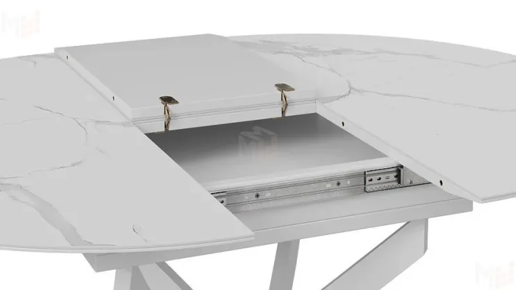 Стол обеденный раздвижной Бергамо Тип 1  Белый муар, Стекло матовое белый мрамор