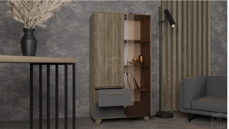 Стеллаж Копенгаген со стеклом (дуб самдал/серый графит)