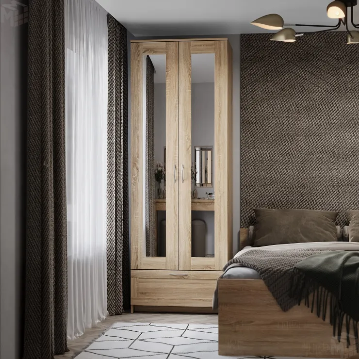 Шкаф Сириус 2 двери 1 ящик с зеркалами, сонома (высота 220 см)