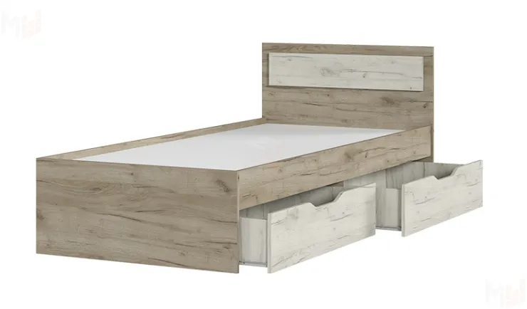 Кровать Гармония 0,9 КР-608 с ящиками дуб крафт белый - дуб крафт серый