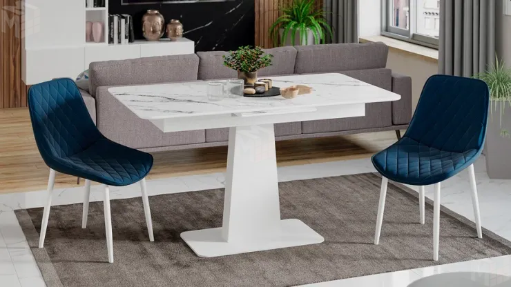 Стол обеденный Бридж Белый муар, Стекло глянцевое белый мрамор