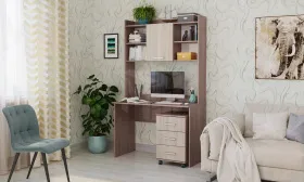 Компьютерный стол ПКС-9 с надстройкой и выкатной тумбой Шимо темный-Шимо светлый