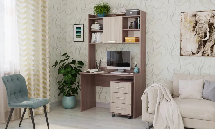 Компьютерный стол ПКС-9 с надстройкой и выкатной тумбой Шимо темный-Шимо светлый