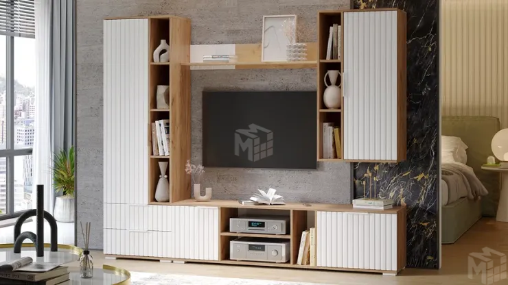 Модульная гостиная Хилтон Дуб Крафт золотой, Белый матовый