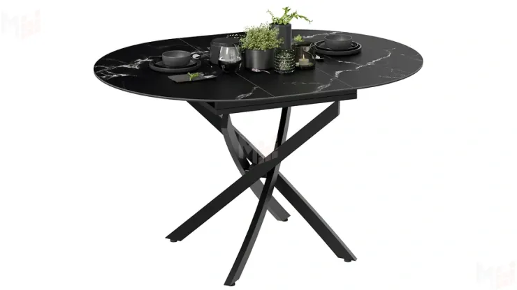 Стол обеденный раздвижной Бергамо Тип 1  Черный муар, Стекло матовое черный мрамор