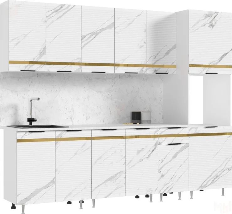 Кухонный гарнитур Милена с пеналом 2,6 (мрамор белый софт)