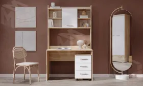 Компьютерный стол ПКС-9 с надстройкой и выкатной тумбой Сонома-Белый глянец