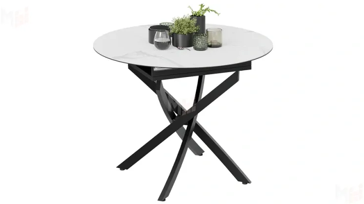 Стол обеденный раздвижной Бергамо Тип 1 Черный муар, Стекло матовое белый мрамор