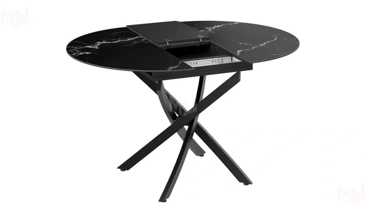 Стол обеденный раздвижной Бергамо Тип 1  Черный муар, Стекло матовое черный мрамор