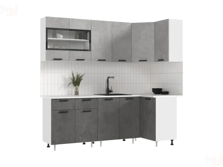 Кухня Рио New угловая 2,2*1,0м (490) Бетон светлый/бетон темный, Белый (Антарес)