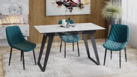 Стол обеденный Техно Черный муар, Стекло глянцевое белый мрамор