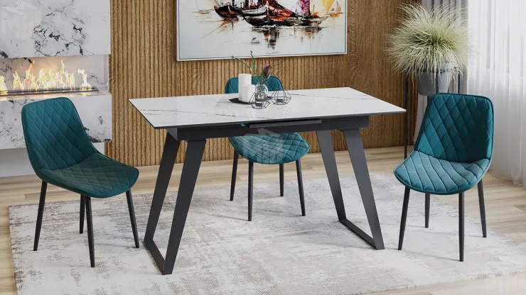 Стол обеденный Техно Черный муар, Стекло глянцевое белый мрамор