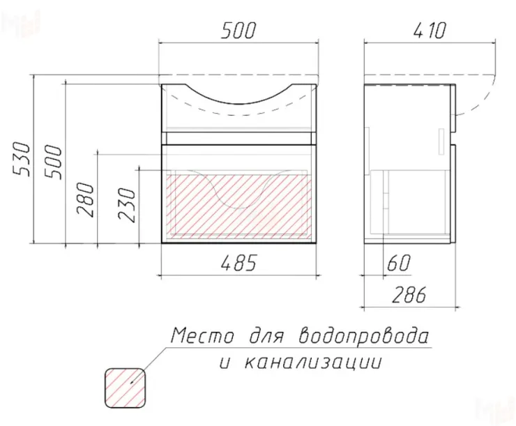 Тумба подвесная под умывальник "Элегия 50" Классик с одним ящиком В1 Айсберг