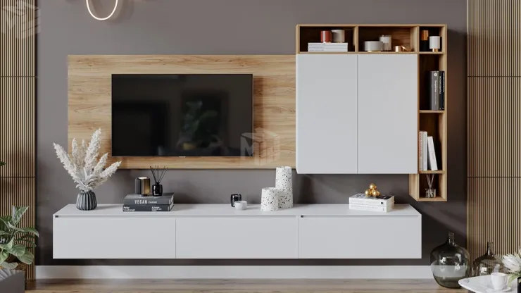 Модульная гостиная Глосс Белый глянец, Стекло Белый глянец, Яблоня Беллуно