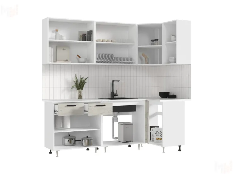 Кухня Рио New угловая 2,2*1,0м (490) Крафт белый, Белый (Антарес)