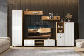 Тумба ТВ Милан со створками и нишей Дуб Золотой/Белый матовый