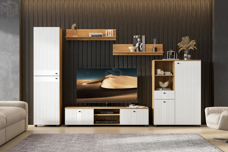 Тумба ТВ Милан со створками и нишей Дуб Золотой/Белый матовый