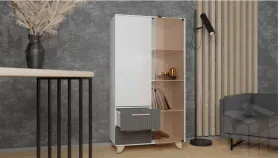 Стеллаж Копенгаген со стеклом (белый матовый/серый графит)