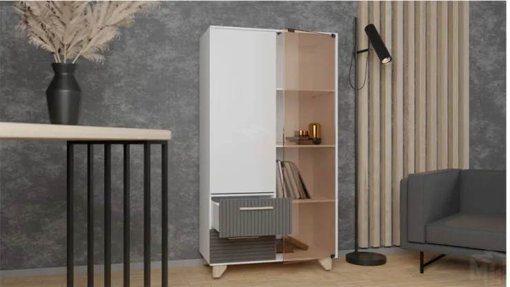 Стеллаж Копенгаген со стеклом (белый матовый/серый графит)