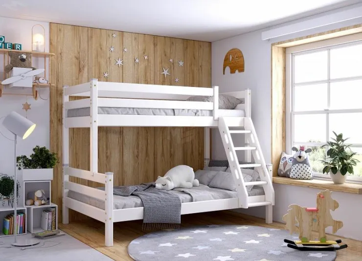 Кровать двухъярусная с наклонной лестницей Адель (белая)