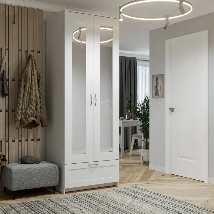 Шкаф Сириус 2 двери 1 ящик с зеркалами, белый (высота 220 см)