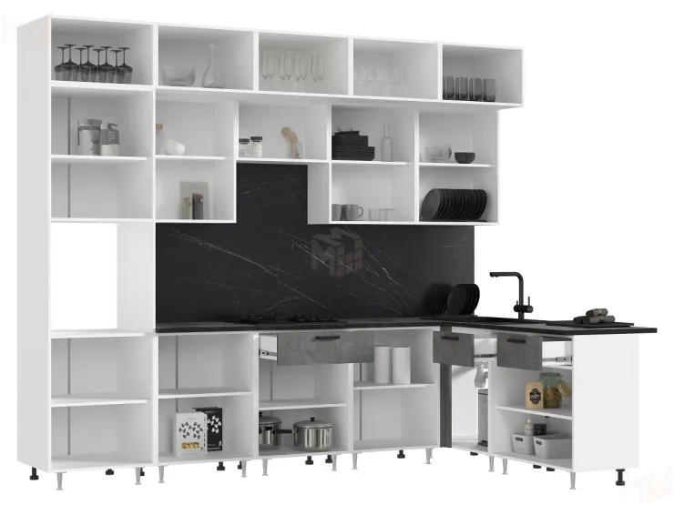 Кухня Рио New угловая 3,0*1,8м (490) комп №2 Бетон светлый/Бетон темный, Белый (Кастилло темный)