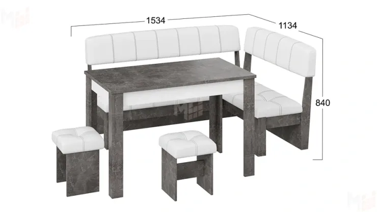 Кухонный уголок Альфа - МФ-100.001 Ателье темный, Белый кожзам