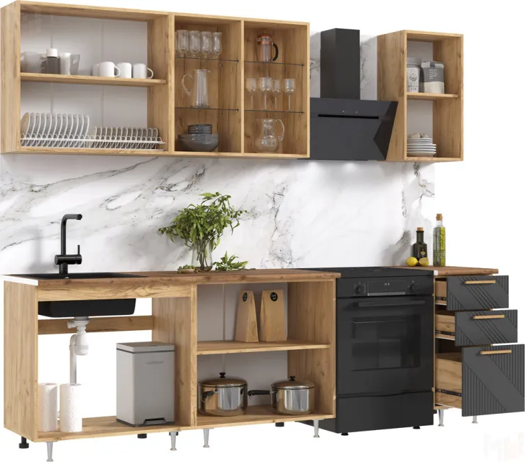 Кухня Ирис 2,0м (490) Компановка №2 (Браш Графит, Дуб Крафт (Дуб вотан))