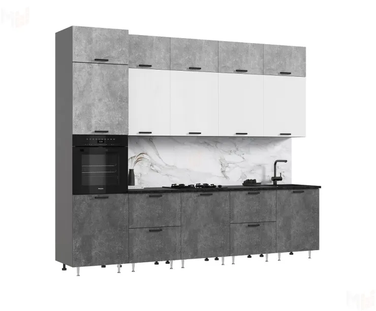 Кухня Рио NEW 3,0м (490) (Бетон светлый/Бетон темный, Белый глянец, Графит (Кастилло темный)