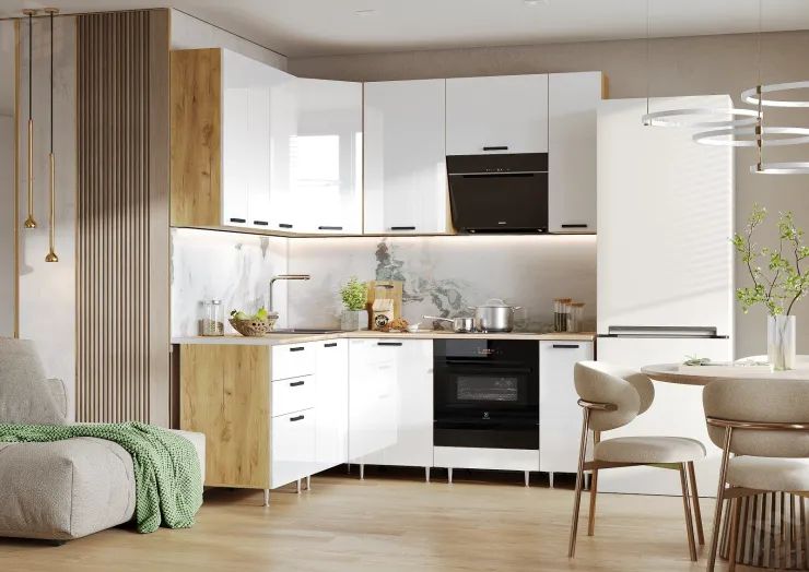 Кухня Рио New угловая 1,6*2,0/900 (490) Белый глянец, Дуб крафт (Дуб вотан)