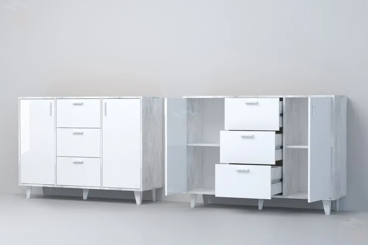 Комод К-2 Эго на ножках Бетон Светлый/Белый Глянец