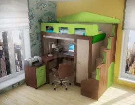 Кровать-чердак Фанки Хоум с тумбой и письменным столом Фанки Тайм