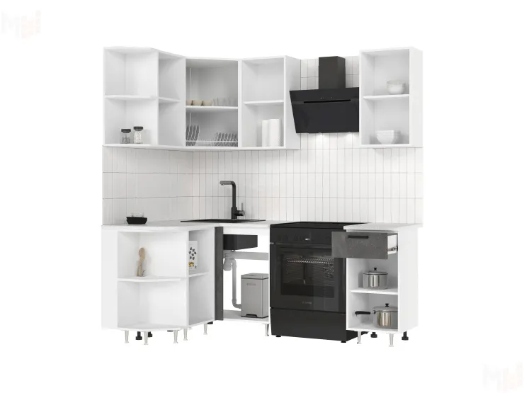 Кухня Рио New угловая 2,0*1,3 м Бетон светлый/Бетон темный, Белый (Антарес)