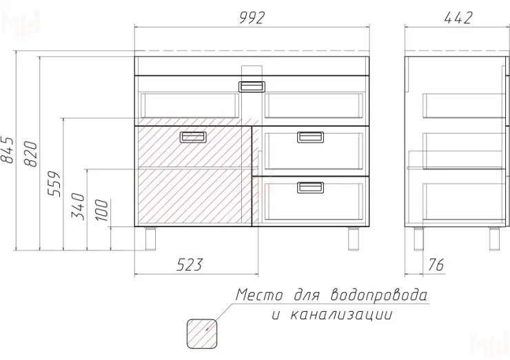 Тумба под умывальник "Elen 100" Cube с тремя ящиками В3 Домино