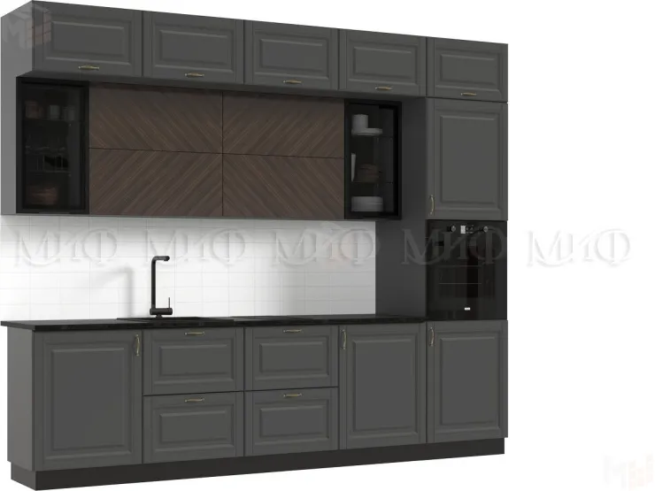 Кухня Престиж 3,0 компоновка №2 (Графит/Графит софт/Прайм орех)