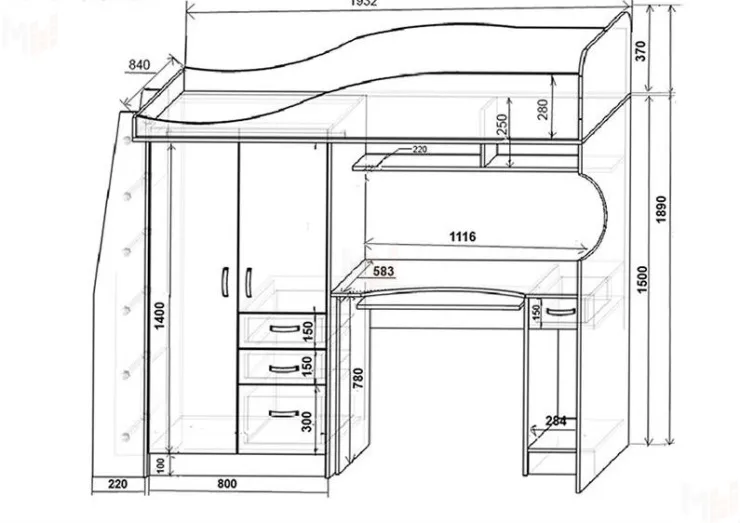 Кровать-чердак Футбол со шкафом и нишей ФУТ-4/1