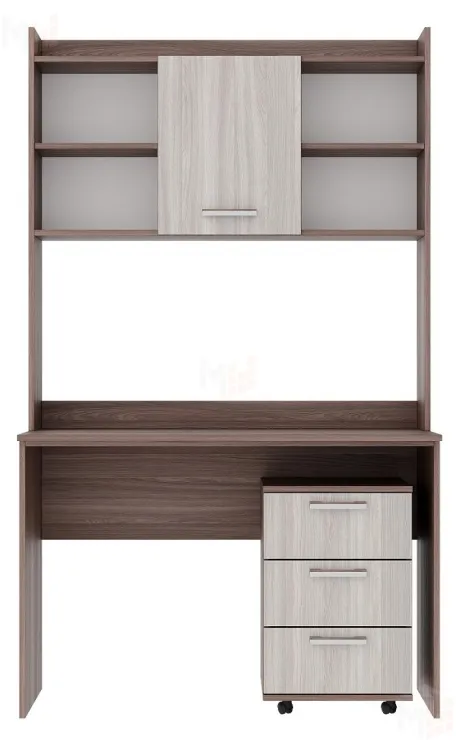 Компьютерный стол ПКС-9 с надстройкой и выкатной тумбой Шимо темный-Шимо светлый