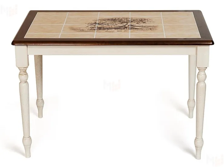 Стол обеденный CT 3045P с плиткой дерево гевея/плитка, Античный белый/Тёмный Дуб, рисунок-Дерево (4994)