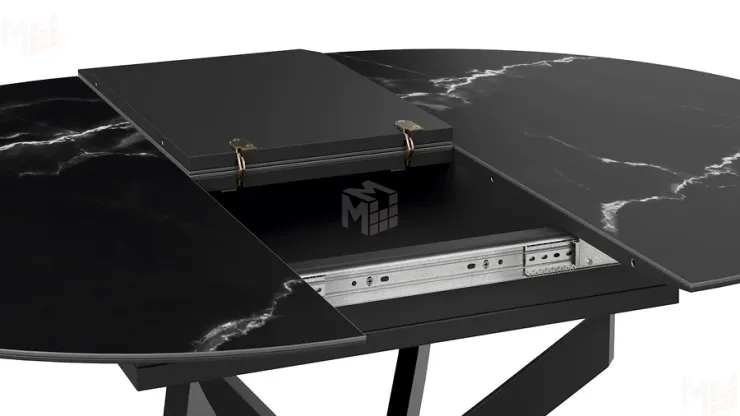 Стол обеденный раздвижной Бергамо Тип 1  Черный муар, Стекло матовое черный мрамор