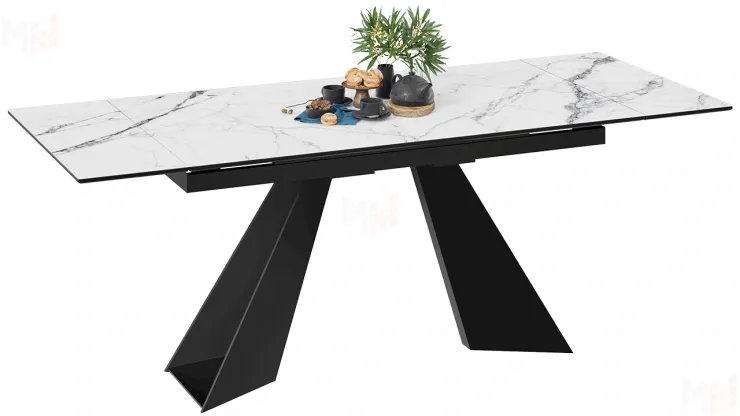 Стол обеденный Гермес Черный муар, Стекло глянцевое белый мрамор