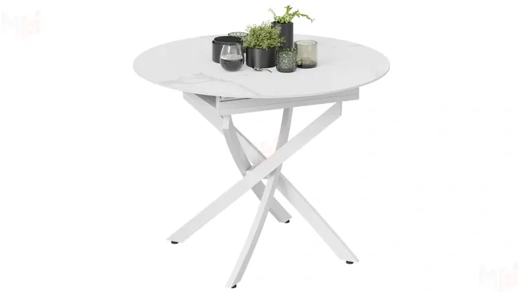 Стол обеденный раздвижной Бергамо Тип 1  Белый муар, Стекло матовое белый мрамор