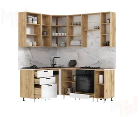 Кухня Рио New угловая 1,6*2,0/900 (490) Белый глянец, Дуб крафт (Дуб вотан)