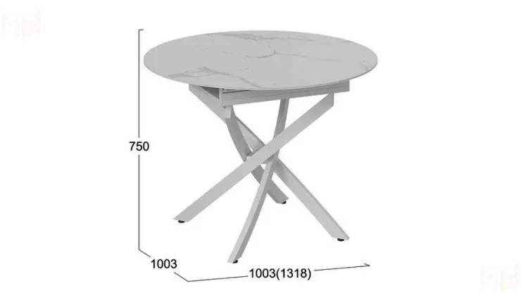 Стол обеденный раздвижной Бергамо Тип 1  Белый муар, Стекло матовое белый мрамор